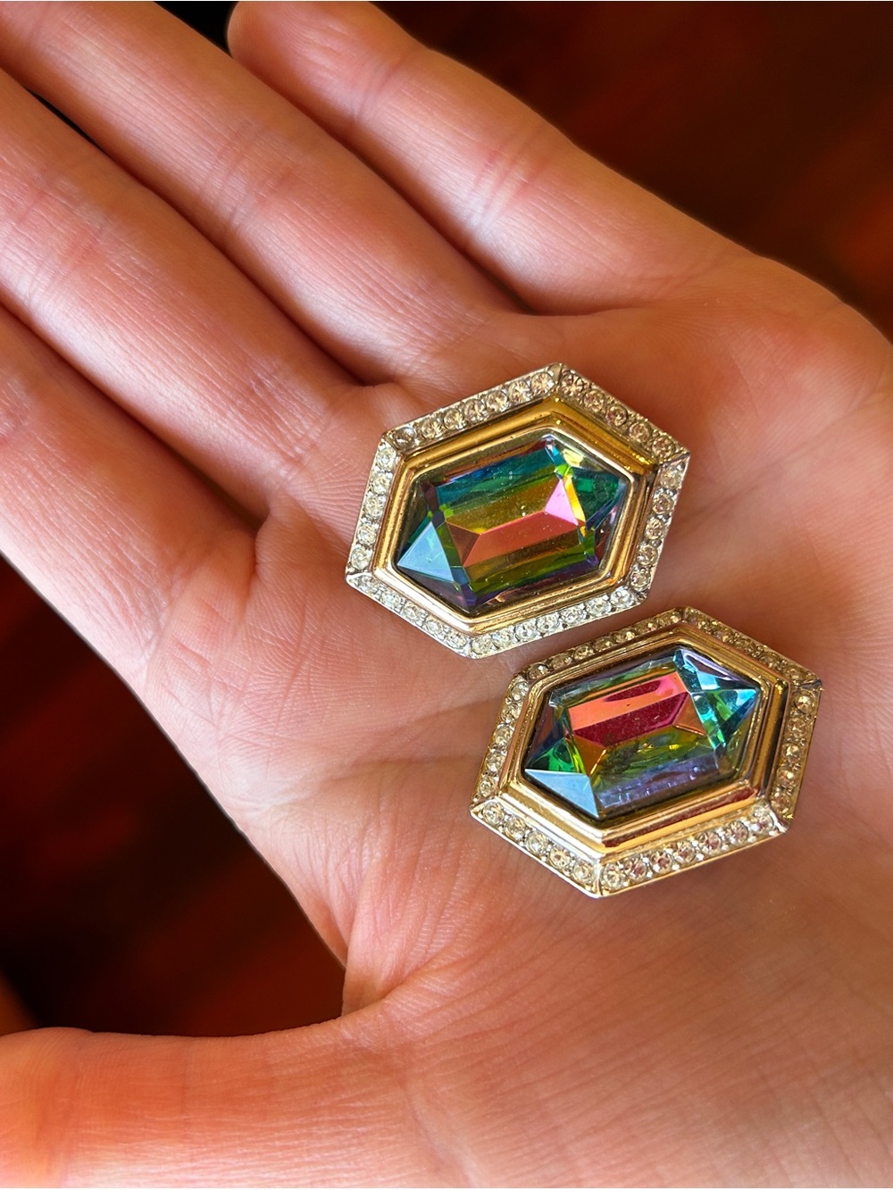 Oscar de la Renta Multicolor Crystal Hexagon Earrings - Gold Tone. Oscar de la R